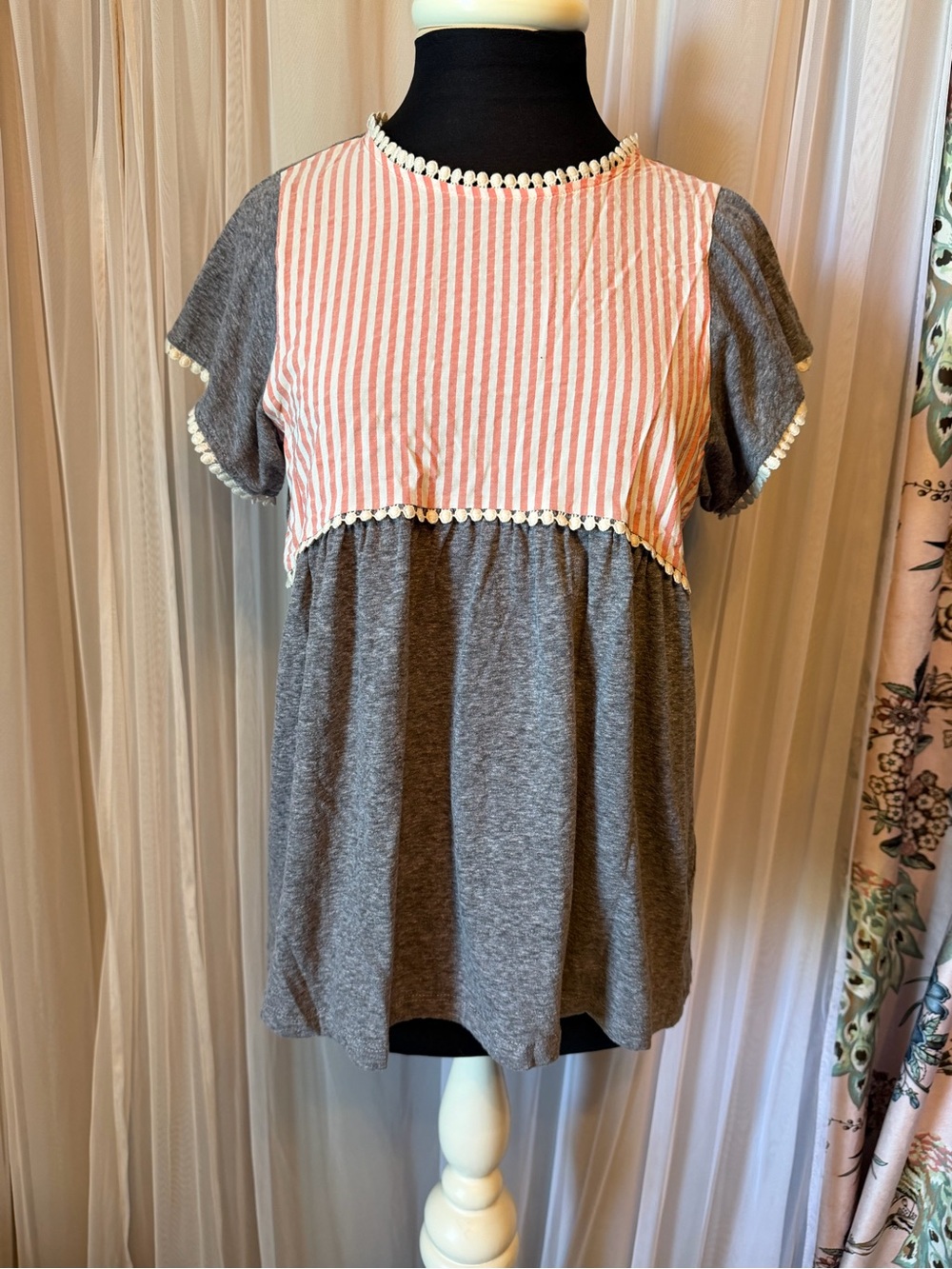THML Striped & Heather Gray Pom Trim Babydoll Top | Size M